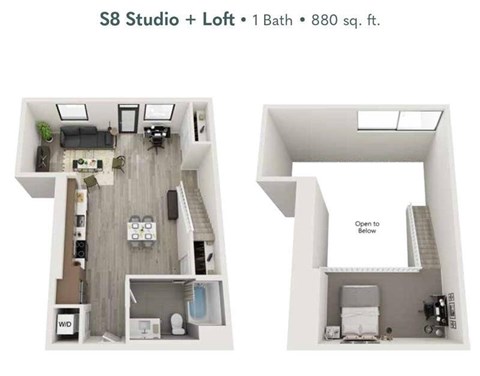 Floor plan for studio, 1 bath, 880 sqft